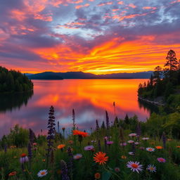 A stunning photograph of a scenic landscape featuring a vibrant sunset over a peaceful lake, surrounded by lush, green trees and distant mountains