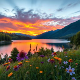 A stunning photograph of a scenic landscape featuring a vibrant sunset over a peaceful lake, surrounded by lush, green trees and distant mountains