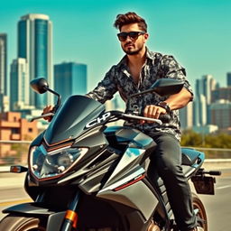A person wearing a stylish shirt riding a powerful motorcycle, showcasing the excitement of the ride
