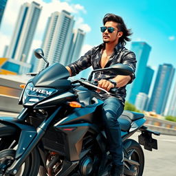 A person wearing a stylish shirt riding a powerful motorcycle, showcasing the excitement of the ride