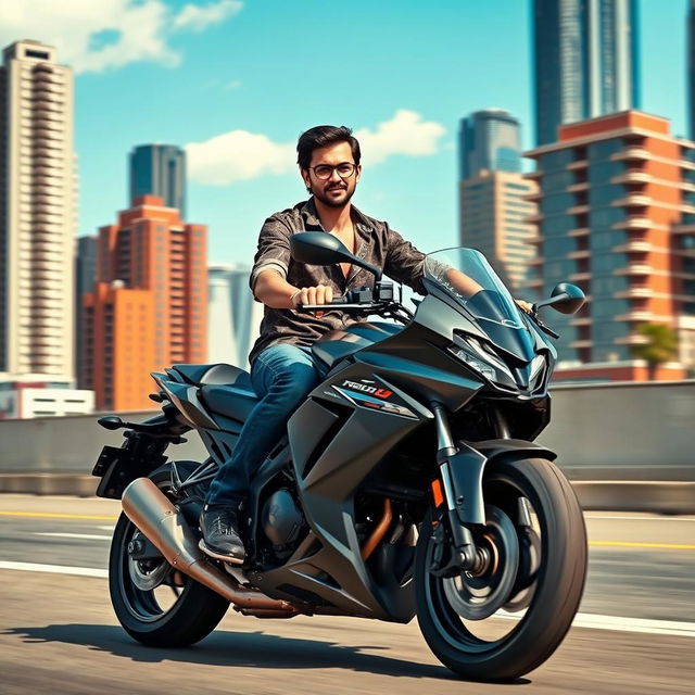 A person wearing a stylish shirt riding a powerful motorcycle, showcasing the excitement of the ride