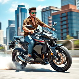 A person wearing a stylish shirt riding a powerful motorcycle, showcasing the excitement of the ride