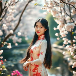 A beautiful Chinese woman with long, flowing black hair, wearing an elegant traditional qipao dress adorned with intricate floral designs