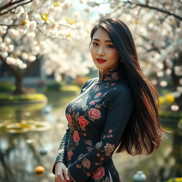 A beautiful Chinese woman with long, flowing black hair, wearing an elegant traditional qipao dress adorned with intricate floral designs