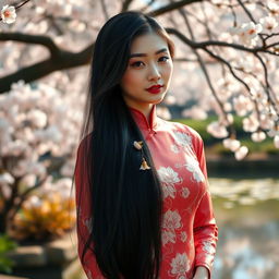 A beautiful Chinese woman with long, flowing black hair, wearing an elegant traditional qipao dress adorned with intricate floral designs