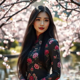 A beautiful Chinese woman with long, flowing black hair, wearing an elegant traditional qipao dress adorned with intricate floral designs