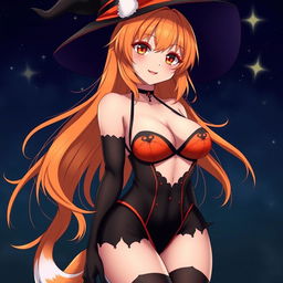 A sexy gothic witch kitsune anime girl with shoulder-length orange hair cascading beautifully under a stylish witch's hat