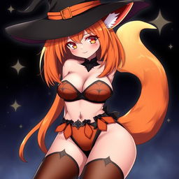 A sexy gothic witch kitsune anime girl with shoulder-length orange hair cascading beautifully under a stylish witch's hat
