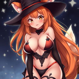 A sexy gothic witch kitsune anime girl with shoulder-length orange hair cascading beautifully under a stylish witch's hat