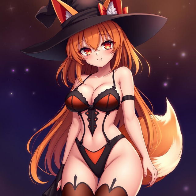 A sexy gothic witch kitsune anime girl with shoulder-length orange hair cascading beautifully under a stylish witch's hat