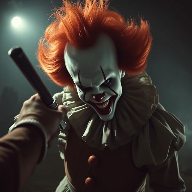 A scene depicting a dramatic showdown with a sinister clown inspired by Pennywise from 'It'