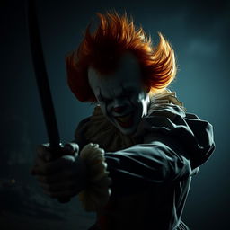 A scene depicting a dramatic showdown with a sinister clown inspired by Pennywise from 'It'