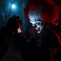 A scene depicting a dramatic showdown with a sinister clown inspired by Pennywise from 'It'
