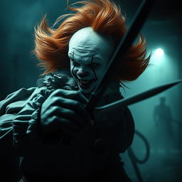 A scene depicting a dramatic showdown with a sinister clown inspired by Pennywise from 'It'