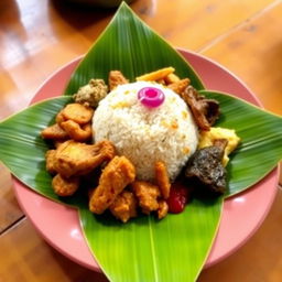 A beautifully presented plate of traditional Javanese food, featuring Nasi Jangankan, served in a pincuk (a conical bowl made of banana leaves)