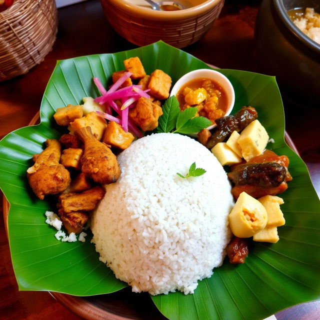 A beautifully presented plate of traditional Javanese food, featuring Nasi Jangankan, served in a pincuk (a conical bowl made of banana leaves)