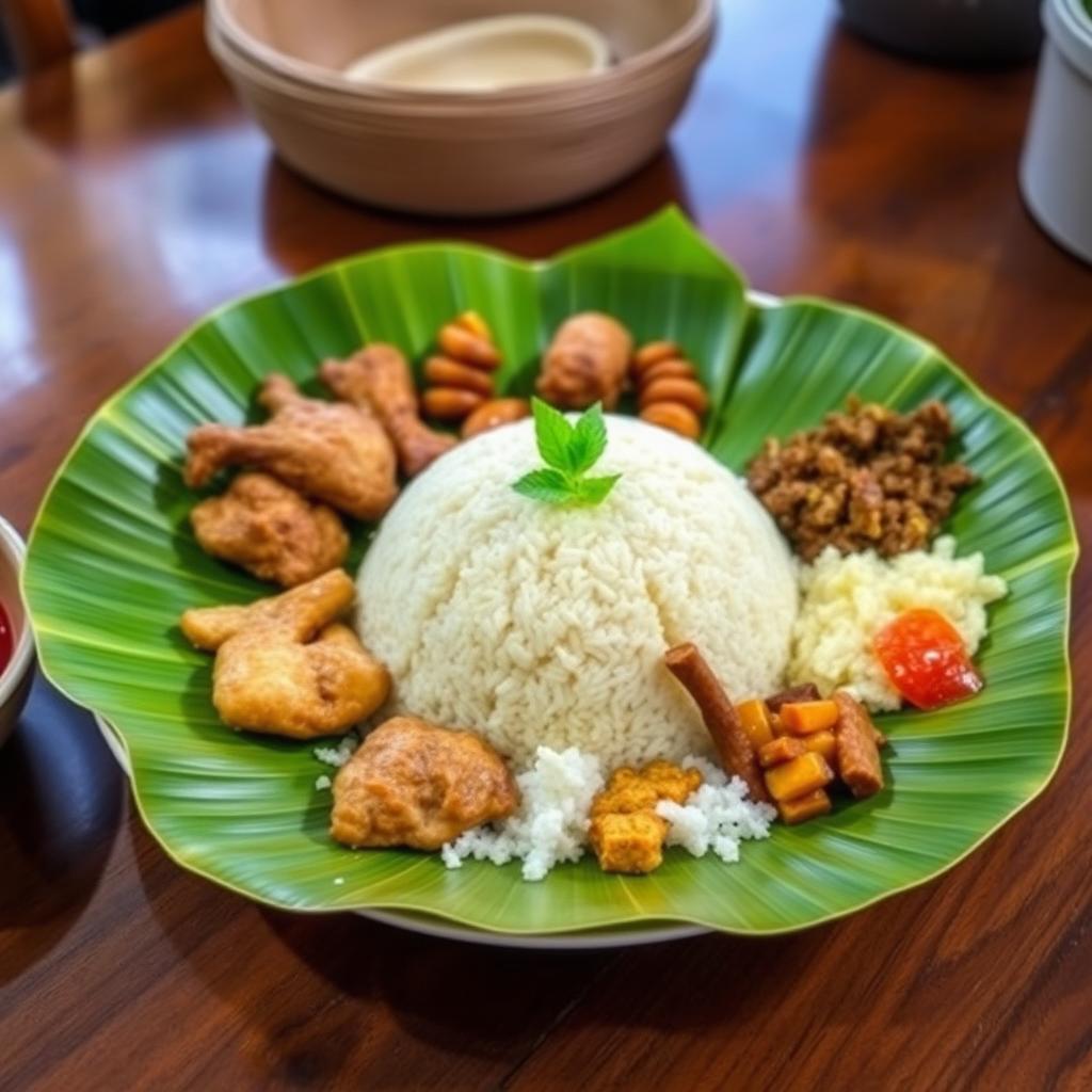 A beautifully presented plate of traditional Javanese food, featuring Nasi Jangankan, served in a pincuk (a conical bowl made of banana leaves)