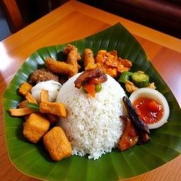 A beautifully presented plate of traditional Javanese food, featuring Nasi Jangankan, served in a pincuk (a conical bowl made of banana leaves)