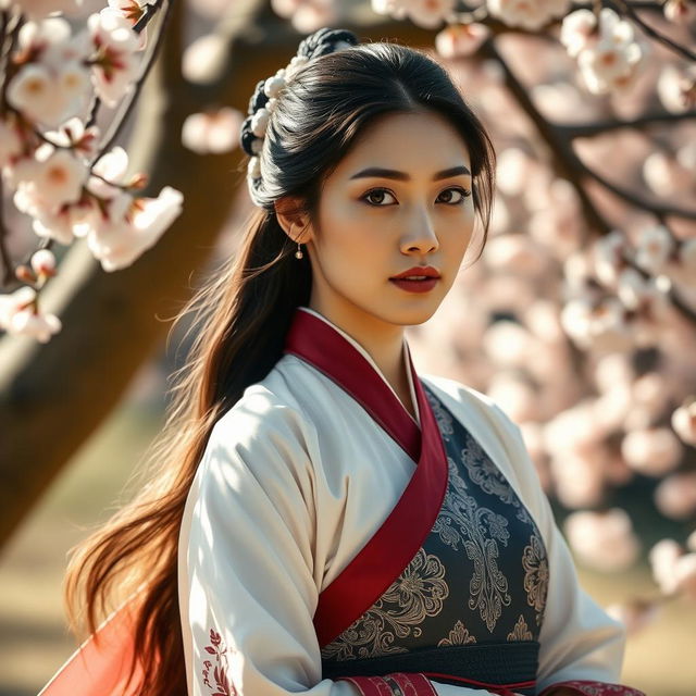 A stunning artistic representation of a Korean woman in a beautifully composed setting, emphasizing elegance and grace