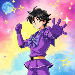 A vibrant light novel cover showcasing a young adult male character in the Sailor Moon art style