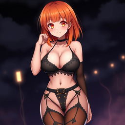 A sexy gothic anime girl with shoulder-length orange hair styled attractively
