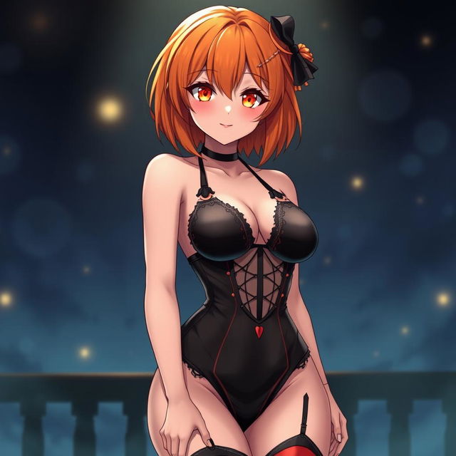 A sexy gothic anime girl with shoulder-length orange hair styled attractively