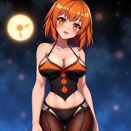 A sexy gothic anime girl with shoulder-length orange hair styled attractively