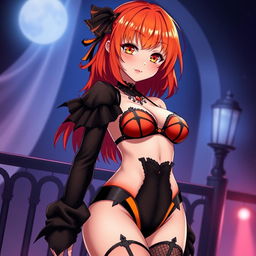 A sexy gothic anime girl with shoulder-length orange hair styled attractively