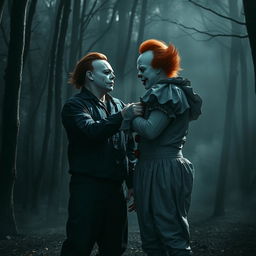 Michael Myers and Pennywise the clown standing together in a spooky, blood-soaked forest, both having the tattoo 'BENYAMIN' prominently displayed on their bodies