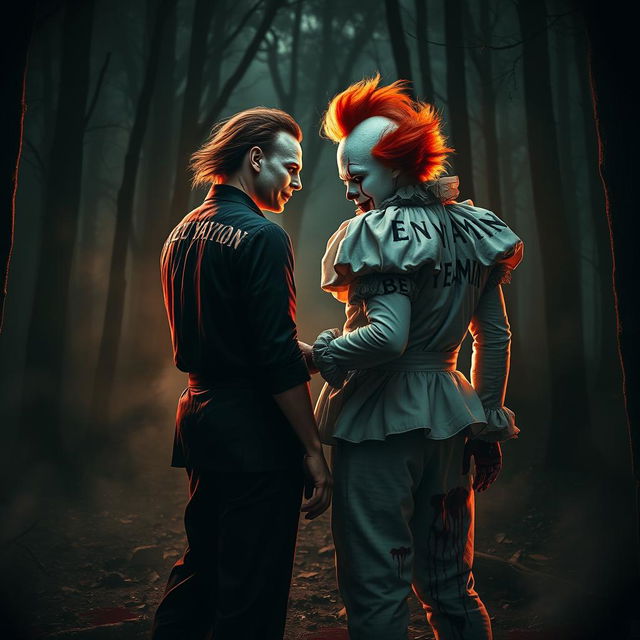 Michael Myers and Pennywise the clown standing together in a spooky, blood-soaked forest, both having the tattoo 'BENYAMIN' prominently displayed on their bodies