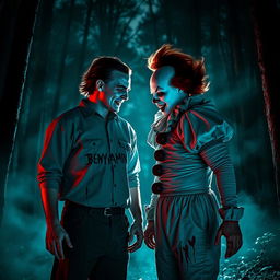 Michael Myers and Pennywise the clown standing together in a spooky, blood-soaked forest, both having the tattoo 'BENYAMIN' prominently displayed on their bodies