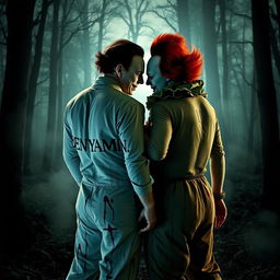 Michael Myers and Pennywise the clown standing together in a spooky, blood-soaked forest, both having the tattoo 'BENYAMIN' prominently displayed on their bodies