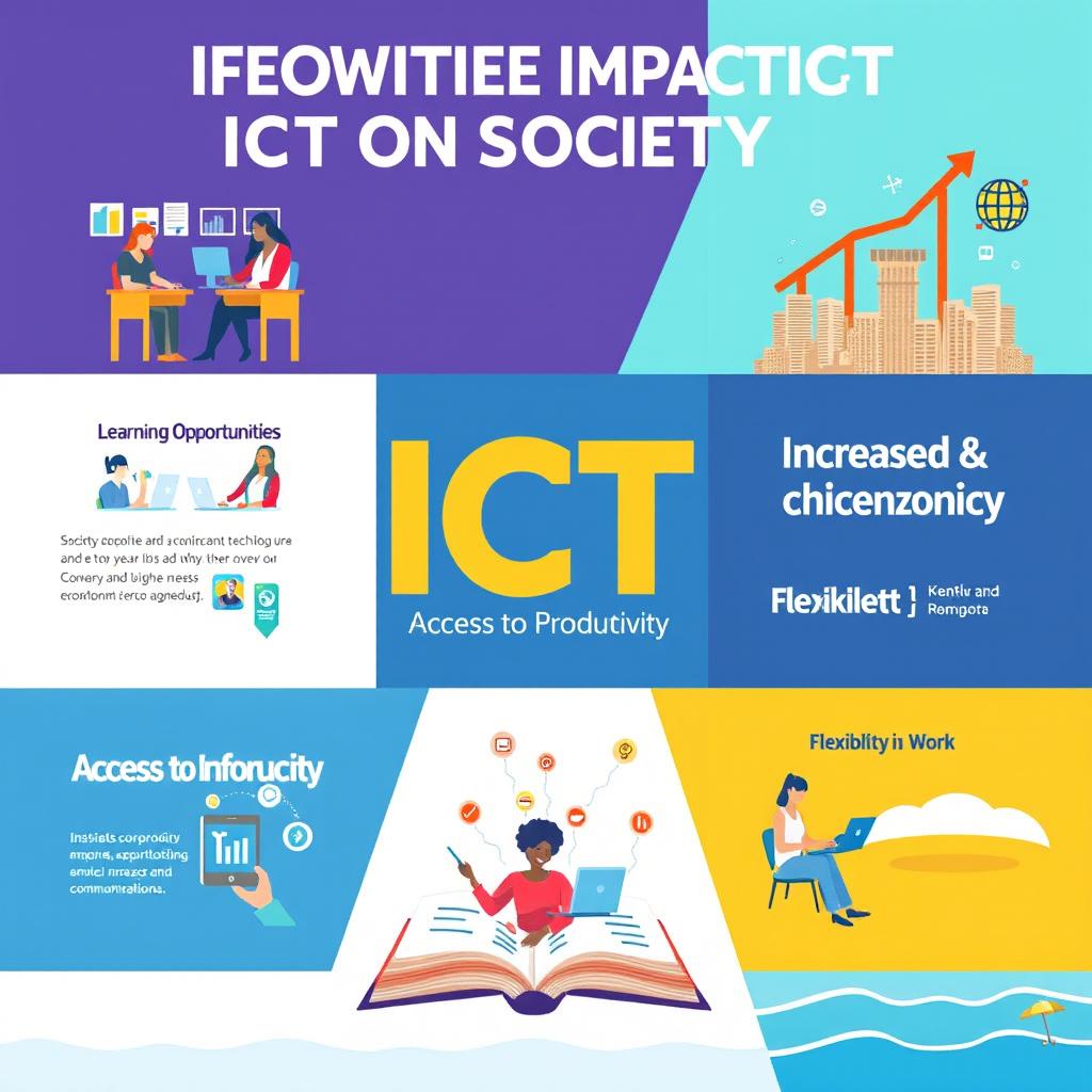 A visually engaging poster illustrating the positive impact of Information and Communications Technology (ICT) on society