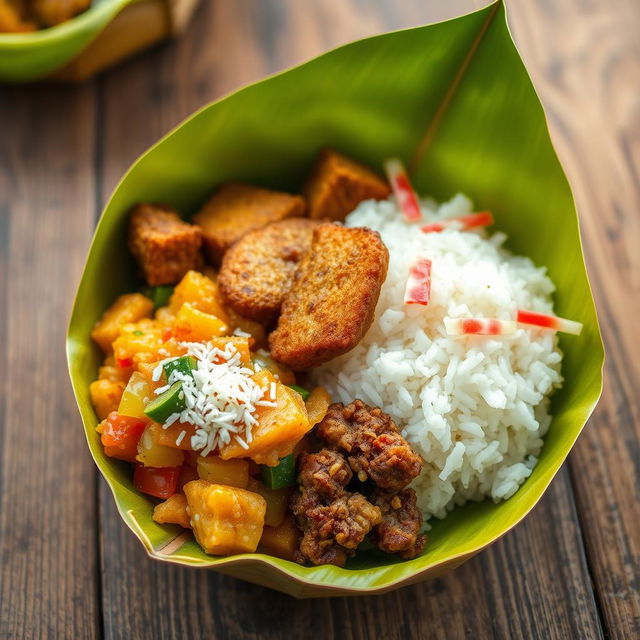 A vibrant image of a traditional Indonesian meal presented in a pincuk made from banana leaves