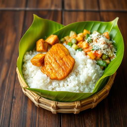 A vibrant image of a traditional Indonesian meal presented in a pincuk made from banana leaves