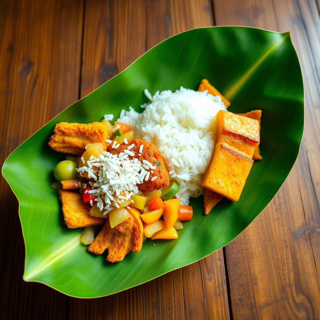 A vibrant image of a traditional Indonesian meal presented in a pincuk made from banana leaves