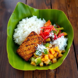 A vibrant image of a traditional Indonesian meal presented in a pincuk made from banana leaves