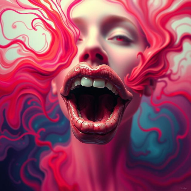 A surreal, abstract representation of a mouth being removed or detached from a face