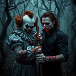 A chilling scene in a dark, eerie forest featuring a terrifying clown resembling Pennywise alongside the infamous Michael Myers