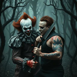 A chilling scene in a dark, eerie forest featuring a terrifying clown resembling Pennywise alongside the infamous Michael Myers