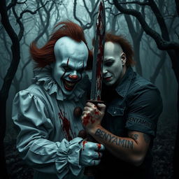 A chilling scene in a dark, eerie forest featuring a terrifying clown resembling Pennywise alongside the infamous Michael Myers