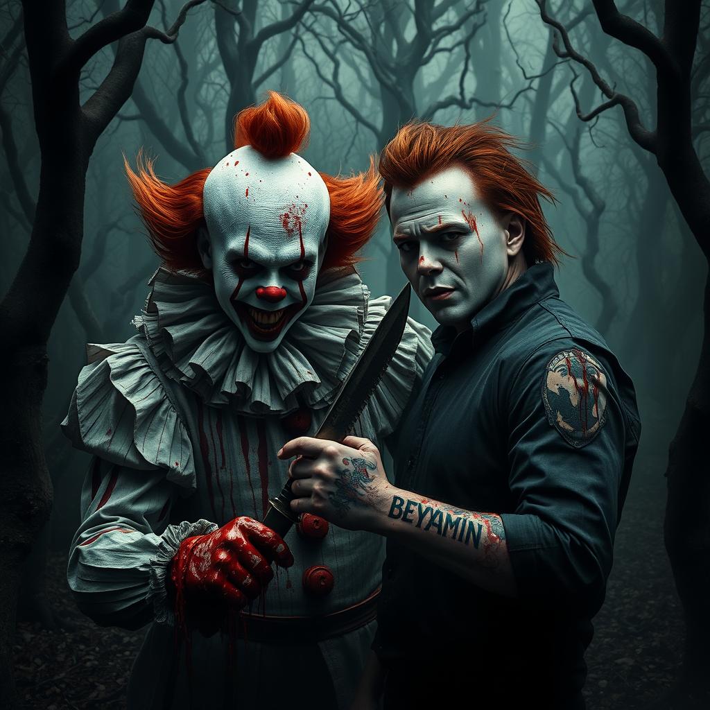 A chilling scene in a dark, eerie forest featuring a terrifying clown resembling Pennywise alongside the infamous Michael Myers