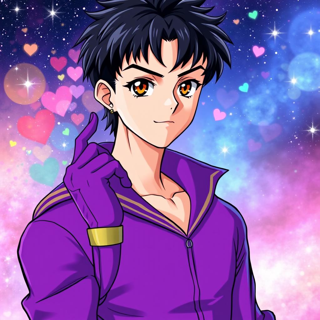 A tall, young adult male character illustrated in the iconic Sailor Moon art style, featuring shaggy black hair and striking hazel eyes