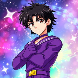 A tall, young adult male character illustrated in the iconic Sailor Moon art style, featuring shaggy black hair and striking hazel eyes