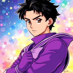 A tall, young adult male character illustrated in the iconic Sailor Moon art style, featuring shaggy black hair and striking hazel eyes