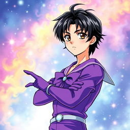 A tall, young adult male character illustrated in the iconic Sailor Moon art style, featuring shaggy black hair and striking hazel eyes
