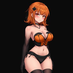A sexy gothic anime girl with shoulder-length orange hair elegantly styled, adorned with a chic black hairpin