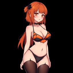 A sexy gothic anime girl with shoulder-length orange hair elegantly styled, adorned with a chic black hairpin