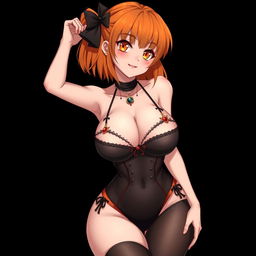 A sexy gothic anime girl with shoulder-length orange hair elegantly styled, adorned with a chic black hairpin