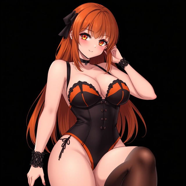 A sexy gothic anime girl with shoulder-length orange hair elegantly styled, adorned with a chic black hairpin